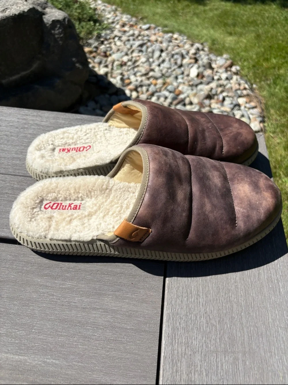 OluKai Men's Brown Leather Slip-On Mua ili Cozy-Lined 10